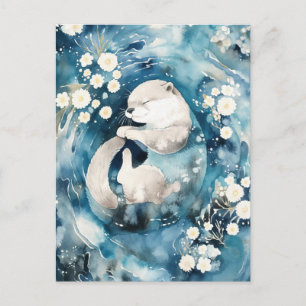 Carte Postale Loutre blanche endormie dans l'eau bleu profond