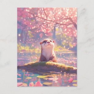 Carte Postale Loutre curieuse dans un étang de fleurs de cerisie