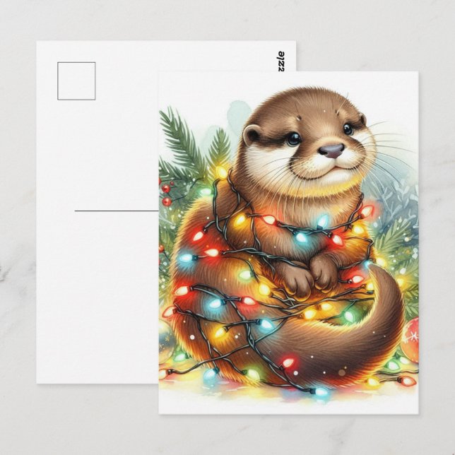 Carte Postale Loutre de Noël Aquarelle Noël (Devant / Derrière)