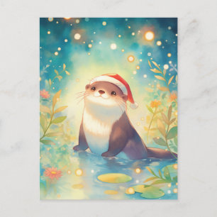 Carte Postale Loutre de Noël Fantaisiste dans un Étang Magique