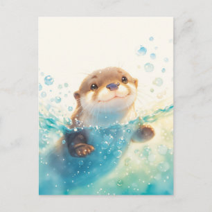 Carte Postale Loutre Flottante Heureuse dans de l'Eau Étincelant