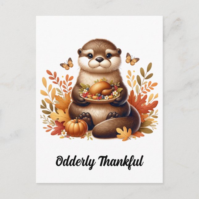 Carte Postale Loutre mignonne avec des plats de Thanksgiving et  (Devant)