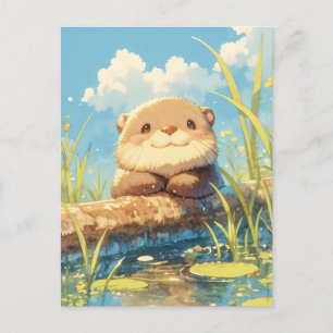Carte Postale Loutre souriante sur une bûche ensoleillée de rivi