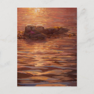 Carte Postale Loutres se câlinant au coucher du soleil flottant