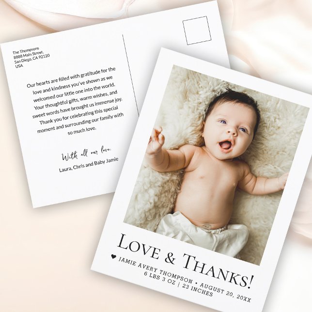 Carte Postale Love and Thanks Baby Photo Faire-part de naissance (Love and thanks, Custom 1 photo baby thank you postcard)