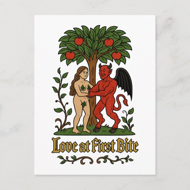 Carte Postale Love at First Bite - Medieval Devil & Eve Meme (Devant)