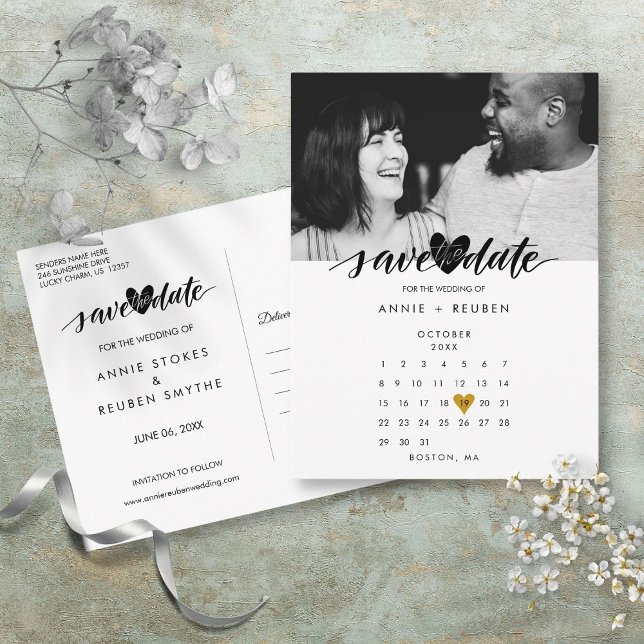 Carte Postale Love Heart Calendar Enregistrer la date Photo (Love Heart Calendar Save the Date Photo Postcard)
