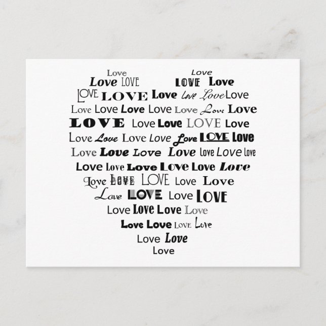 Carte Postale Love Heart Word Cloud - Noir sur Blanc (Devant)