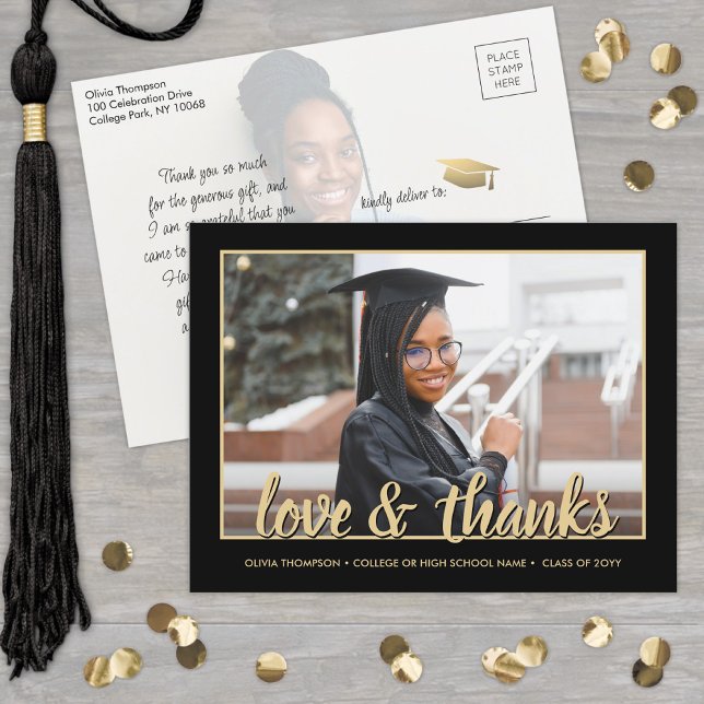 Carte Postale Love & Thanks 2 Photo Black and Gold Graduation (Créateur téléchargé)