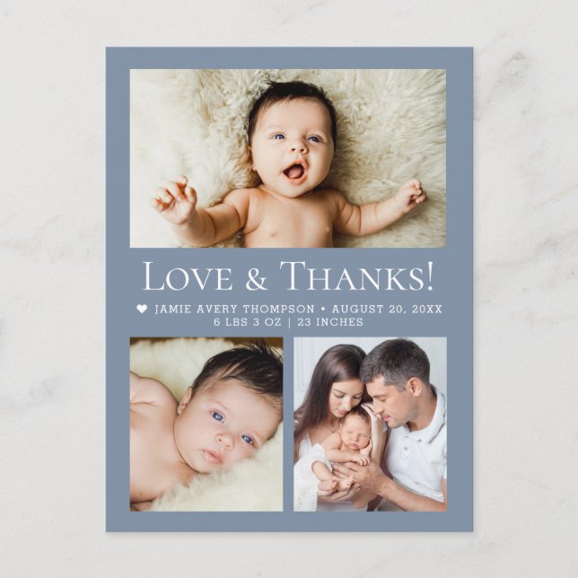 Carte Postale Love & Thanks Dusty blue Baby Photo Collage birth (Devant)