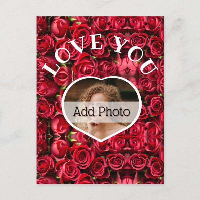 Carte Postale Love You Heart Photo Red Roses Modern Script migno (Devant)