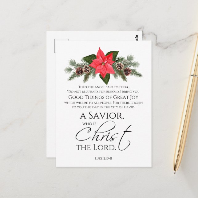 Carte Postale Luc 2:10-11 Écriture de Noël Poinsettia (Devant/Arrière en situation)
