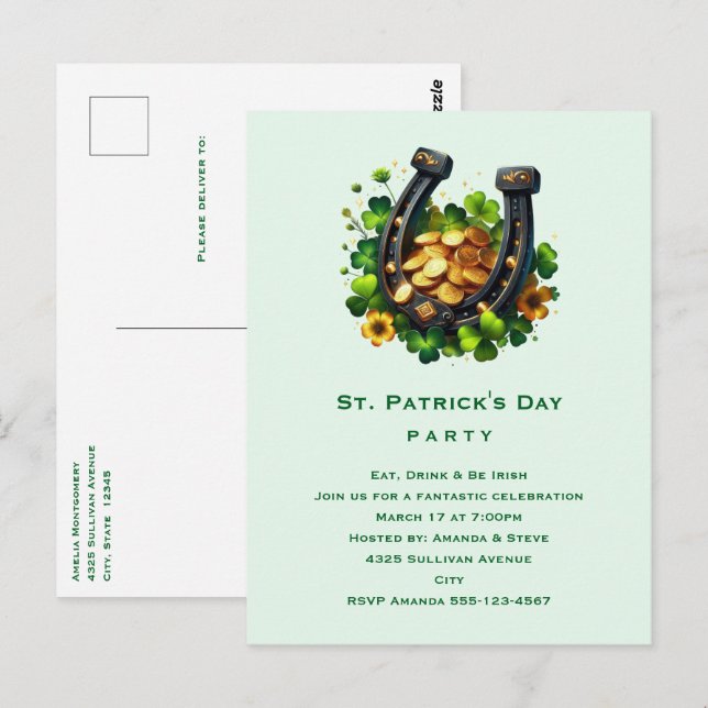 Carte Postale Lucky Horseshoe & Gold Coins St. Patrick's Day (Devant / Derrière)