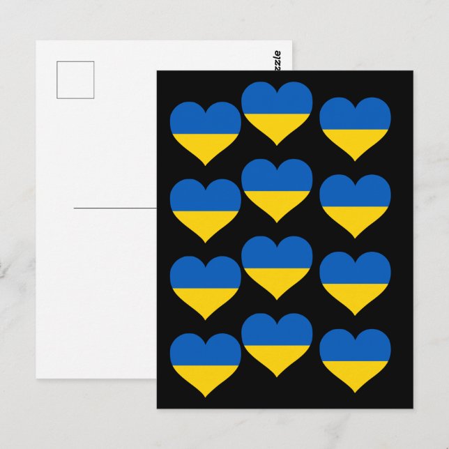 Carte Postale L'Ukraine au coeur du drapeau sur un noir (Devant / Derrière)