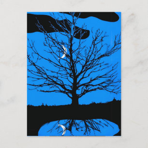 Carte Postale Lune avec arbre, Bleu Cobalt, Noir et Blanc