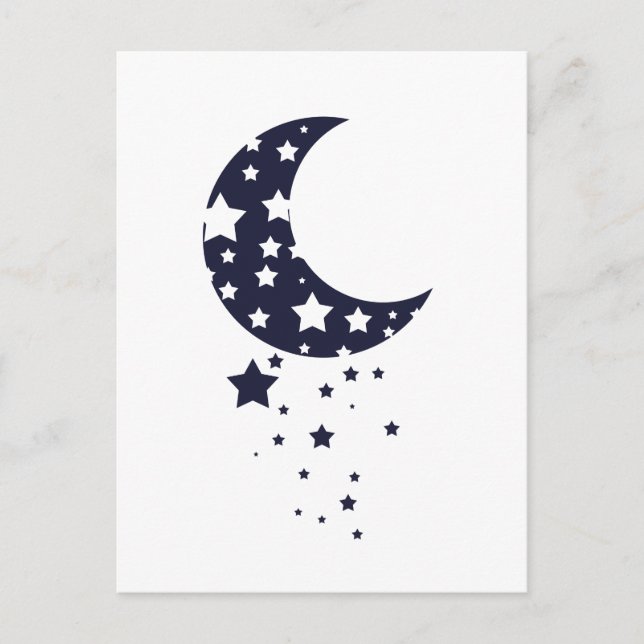 Carte Postale Lune bleu foncé et étoiles silhouette ciel magique (Devant)