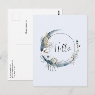 Carte Postale Lune de croissant bleu avec fleurs blanches