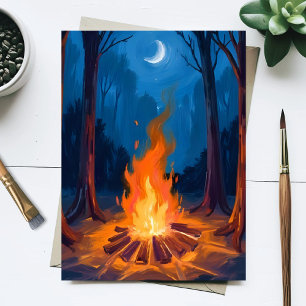 Carte Postale Lune de feu de camp   Peinture aquarelle de la nat