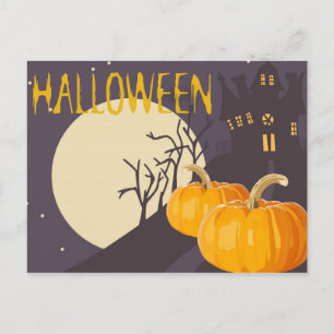 Carte Postale Lune d'Halloween Éffrayante vintage et Citrouille 