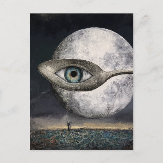 Carte Postale Lune et cuillère surréalistes avec collage d'oeil