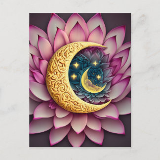 Carte Postale Lune et étoiles Lotus Fleur Création