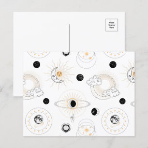Carte Postale Lune phases soleil stylisé rétro planètes vintages
