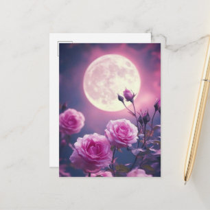 Carte Postale Lune rose enchanteresse et roses épanouies - Art f