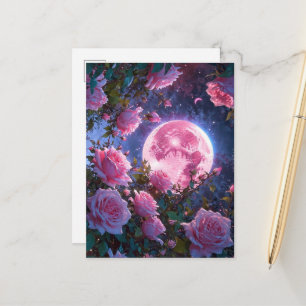 Carte Postale Lune rose enchanteresse et roses épanouies - Art f