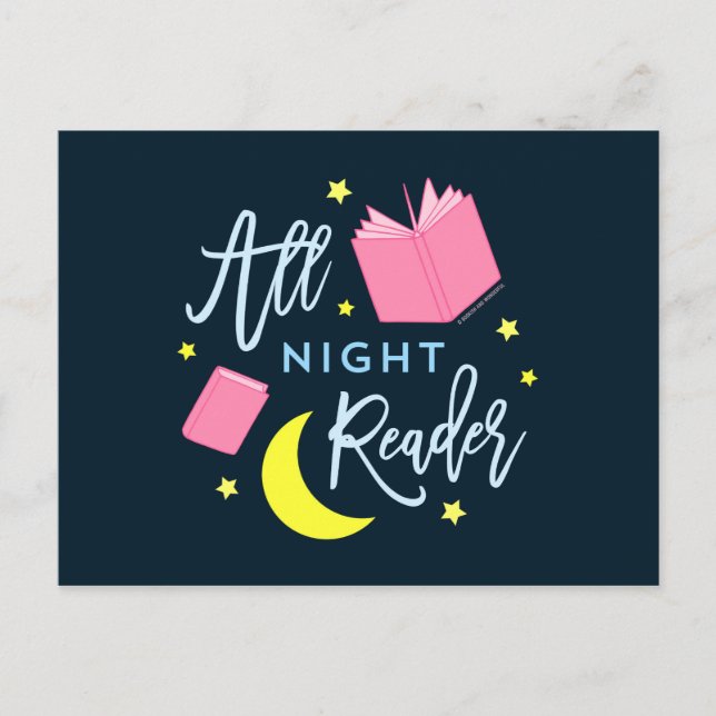 Carte Postale Lune Stars et livres roses Tous Lecteur de Nuit (Devant)
