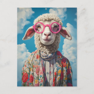 Carte Postale Lunettes rose mouton élégant Floral Attire Blue Sk