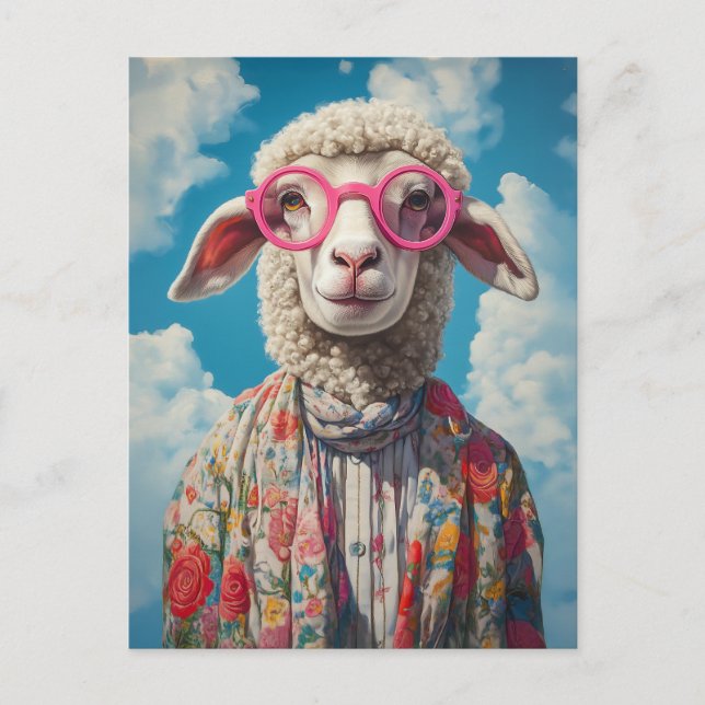 Carte Postale Lunettes rose mouton élégant Floral Attire Blue Sk (Devant)