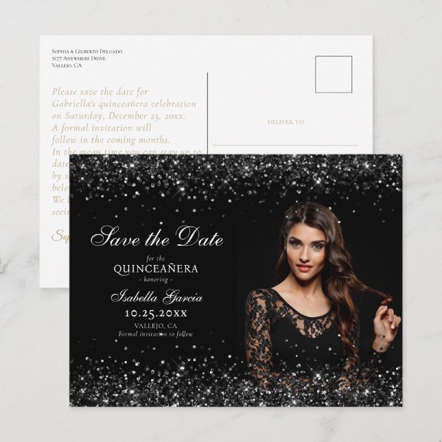 Carte Postale Luxe Black Gold Quinceañera Enregistrer la date (Devant / Derrière)