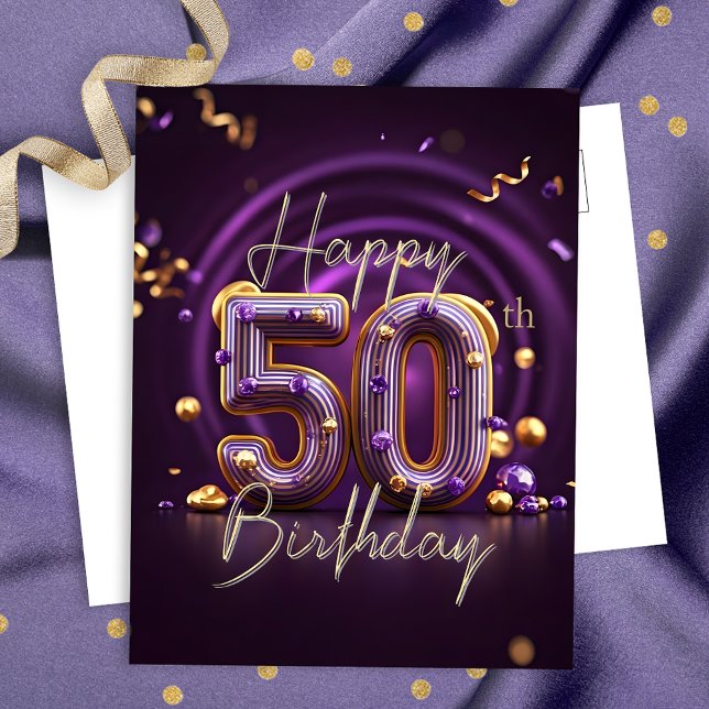 Carte Postale Luxueux Glamour Violet et Or 50e Anniversaire (Créateur téléchargé)