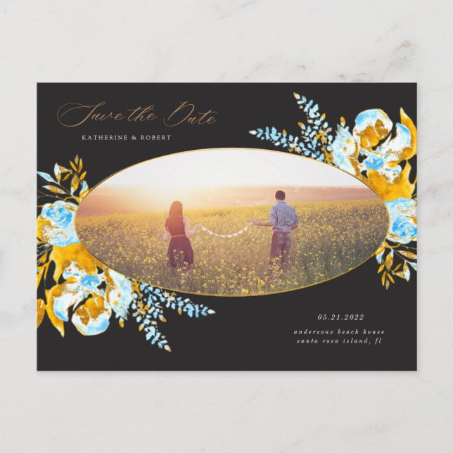 Carte Postale luxueux or turquoise floral enregistrer la date po (Devant)