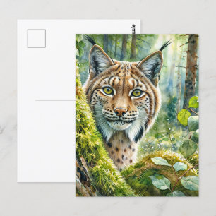 Carte Postale Lynx dans l'aquarelle de la forêt verte luxuriante