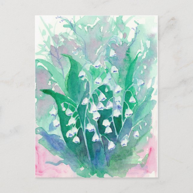 Carte Postale Lys de la Vallée Aquarelle Bleue Peinture Florale (Devant)