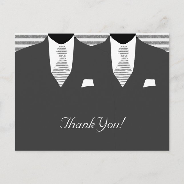 Carte Postale M. et M. Gray Costume et Cravate Gay Mariage Merci (Devant)