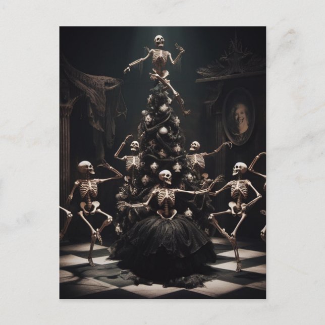 Carte Postale macabre danse Noël Skeletons autour de l'arbre (Devant)