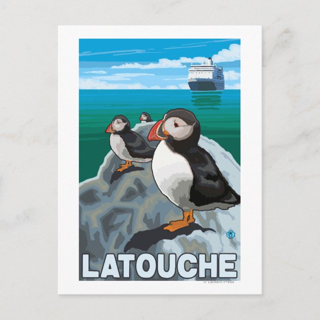 Carte Postale Macareux & Bateau de Croisière - Latouche, Alaska (Devant)