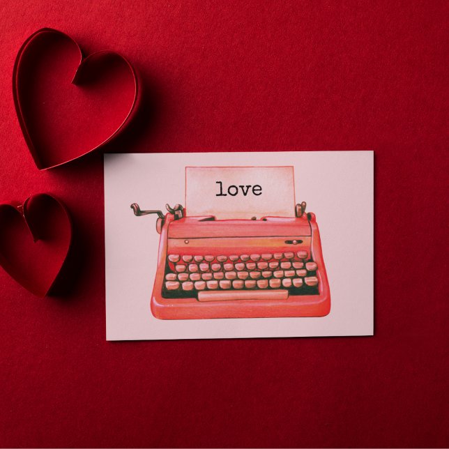 Carte Postale Machine à écrire Retro Personnalisé Vintage Valent (This vintage-inspired valentine features a cute retro red typewriter typing the word "Love.")