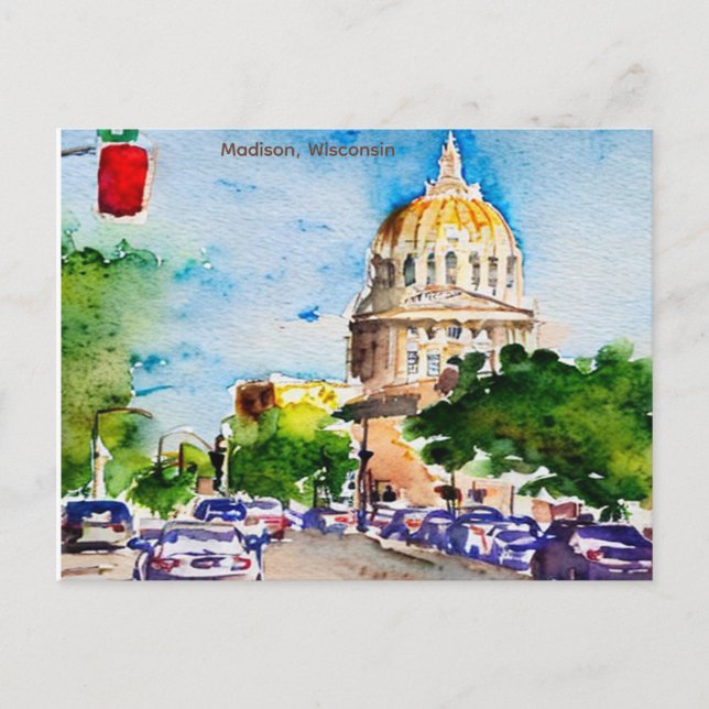 Carte Postale Madison, Wisconsin, aquarelle Capitol (Devant)