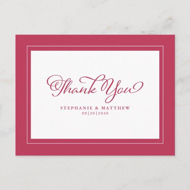 Carte Postale Magenta Rouge Blanc Élégant Merci Mariage moderne (Devant)
