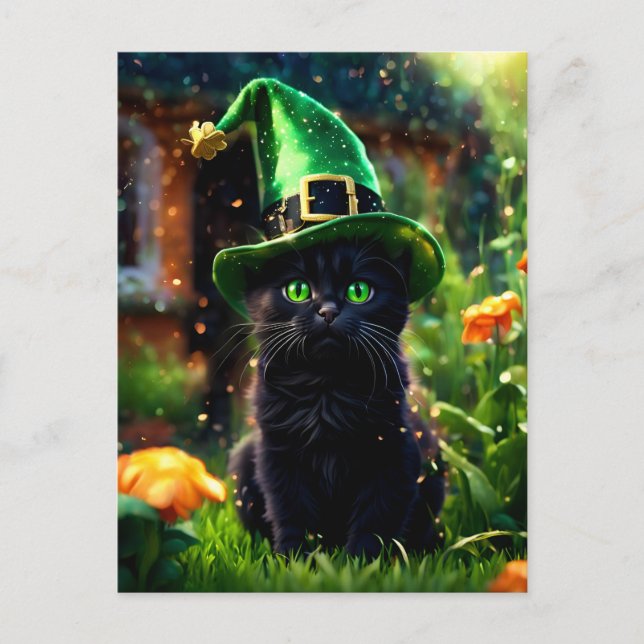 Carte Postale Magical Black St. Patrick's Day Kitten (Devant)