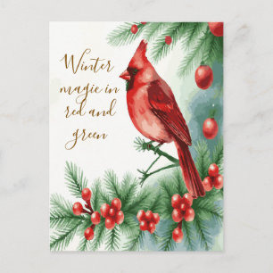 Carte Postale Magie de l'hiver en cardinal rouge et vert