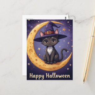 Carte Postale Magique Halloween Chat Noir sorcière Casquette et