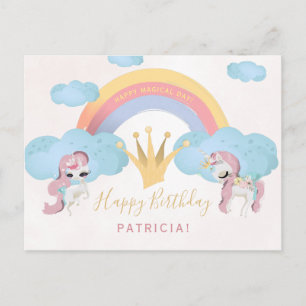Carte Postale Magique licorne rose et or filles heureux annivers