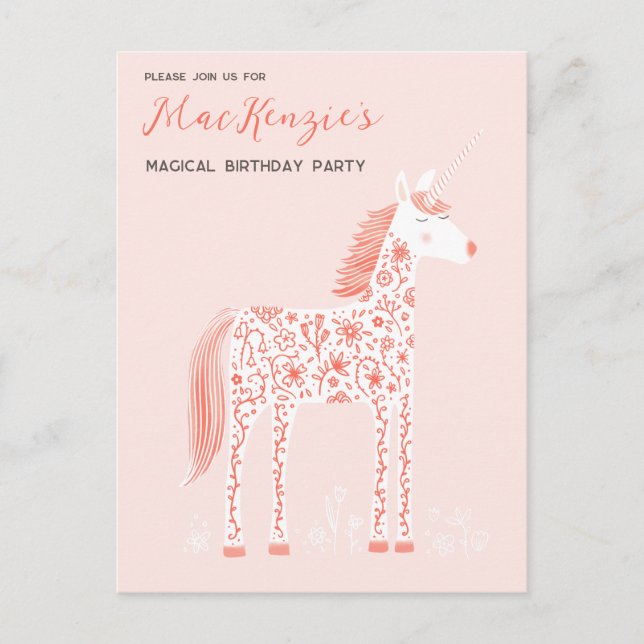 Carte Postale Magique Unicorn Blush rose fête d'anniversaire Inv (Devant)
