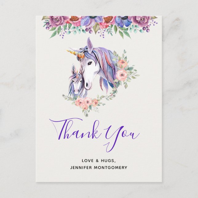 Carte Postale Magique Unicorn maman & bébé Merci d'aquarelle (Devant)