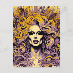 Carte Postale Magnifique Drag Queen violet papillon jaune