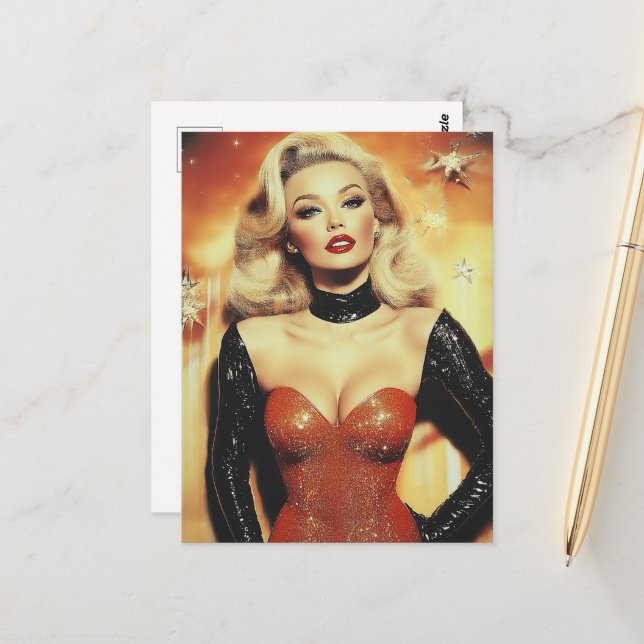 Carte Postale Magnifique femme blonde rétro (Devant/Arrière en situation)
